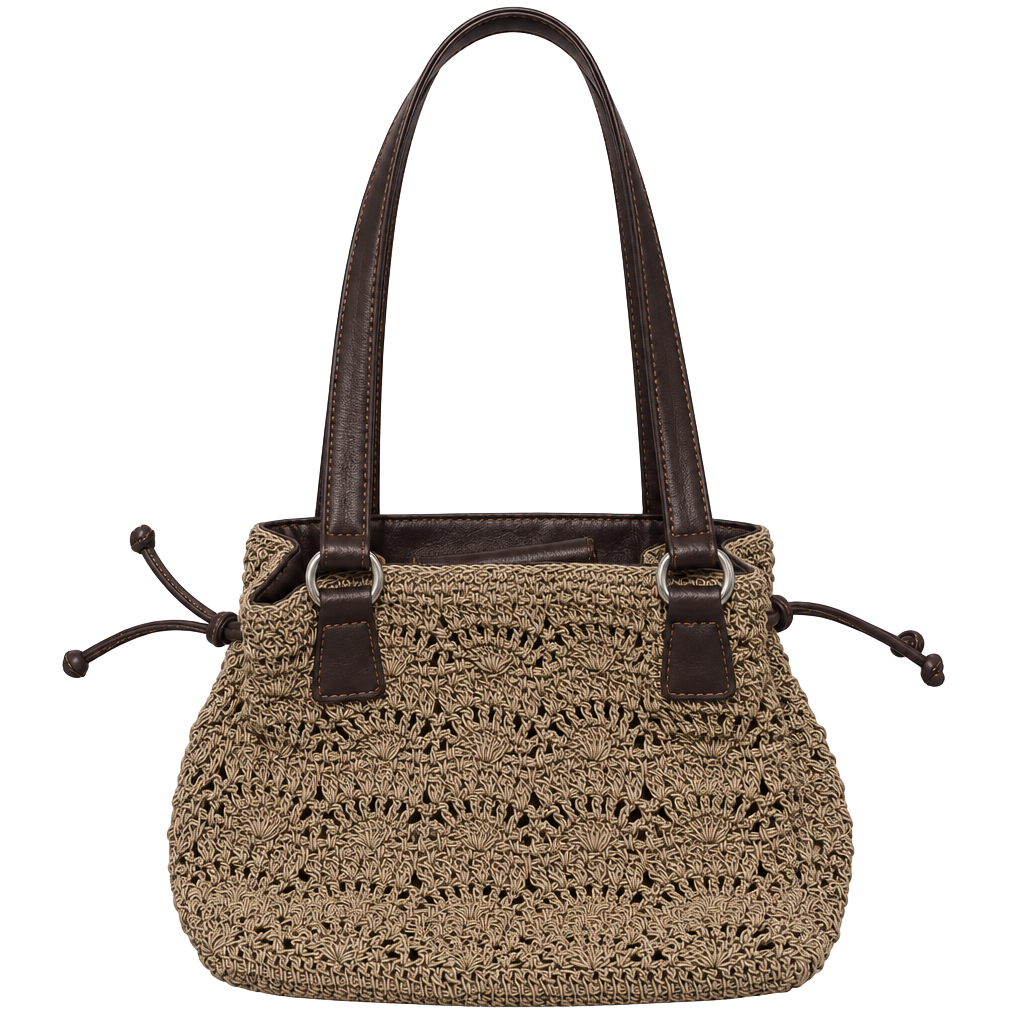 Rosetti Shoulder Bag Tan Crochet Brown Vinyl Trim Drawstring Tote 1