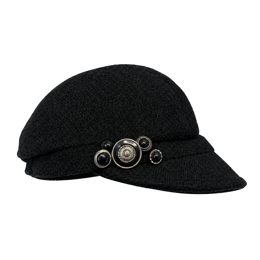 BETMAR New York Black Wool Blend Newsboy Cap with Brooch Detail 1