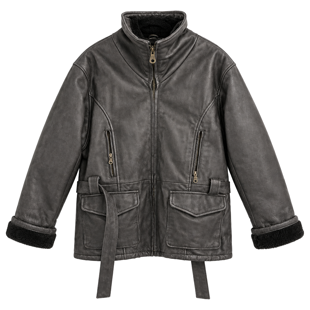 Leather Faux Fur Lined Jacket Brown Belted 1