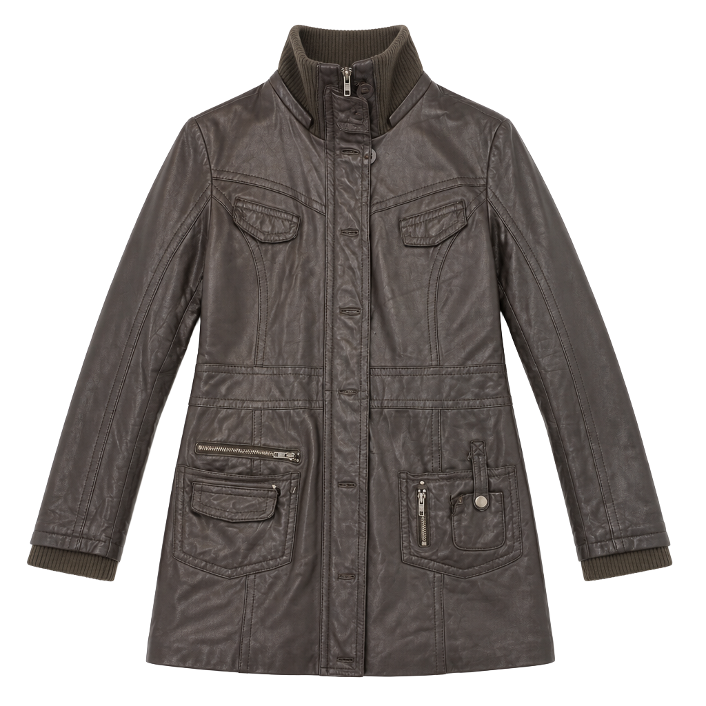 Miss Top Gun Vintage Brown Leather Trench Coat Pinup Lined Size XL 1