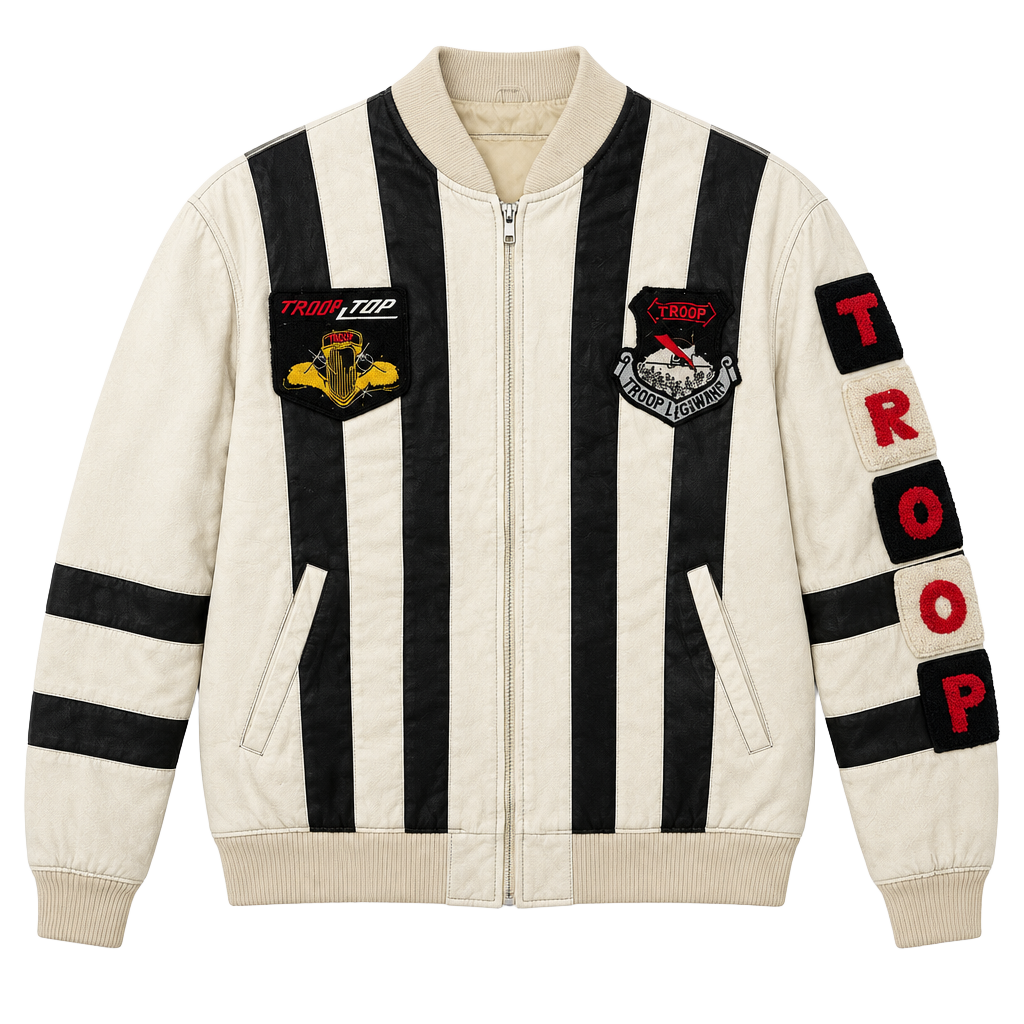 Troop Vintage Leather Bomber Jacket White Black 1