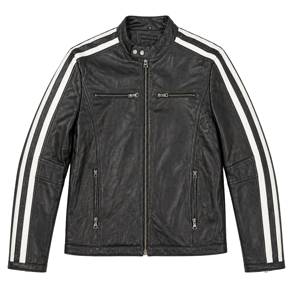 Tanners Avenue Black Leather Jacket With White Racing Stripes Moto Biker 1