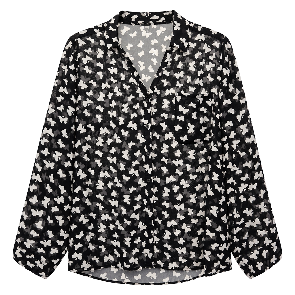 Salon Studio Blouse Size XL Black White Butterfly Print Sheer Button Down 1