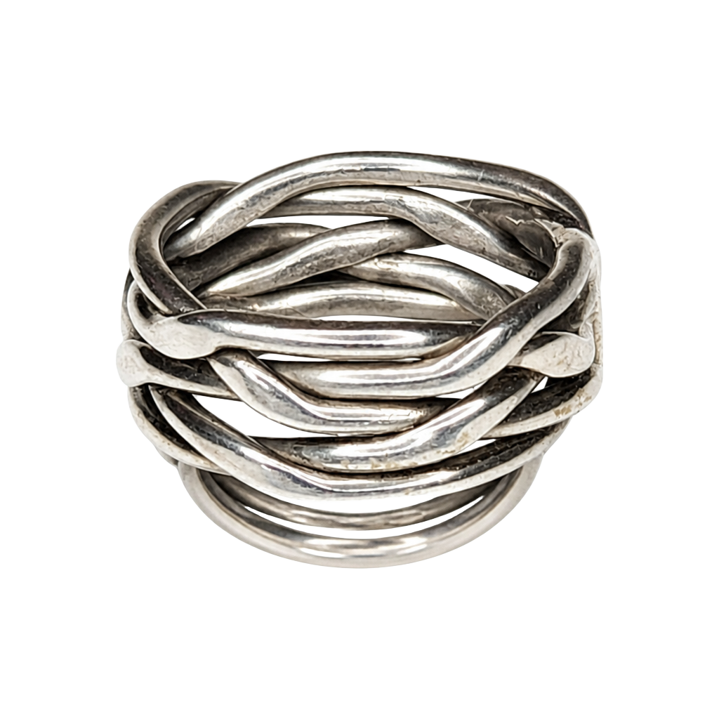 Vintage 925 Sterling Silver Wide Multi-Strand Wrapped Wire Bird Nest Ring Sz 7 1