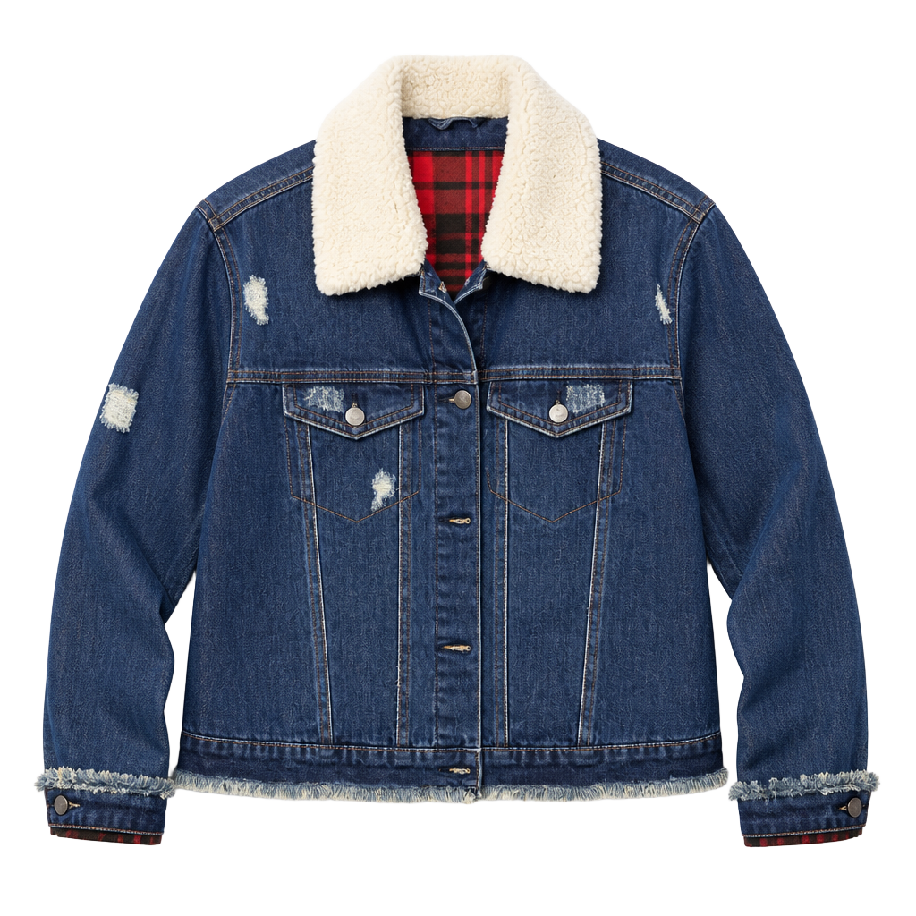 Tractr Distressed Denim Trucker Jacket with Sherpa Collar Plaid Lining medium 1