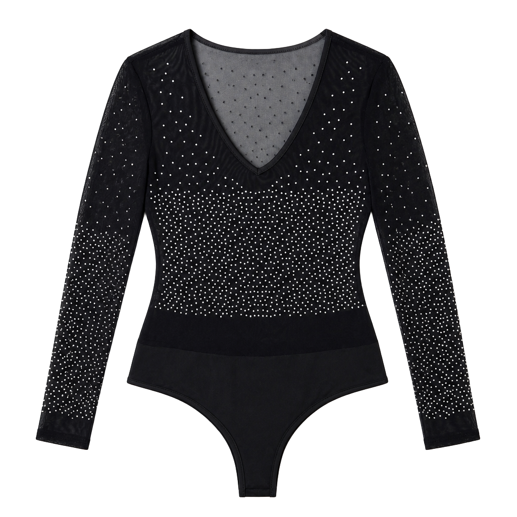 Talent Rhinestone Studded Mesh Long Sleeve Bodysuit in Black M/L 1