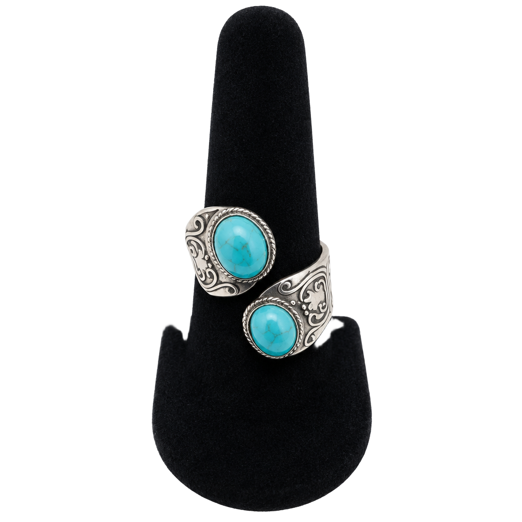 Turquoise Sterling Silver Two Stone Scroll Motif Bypass Ring 1