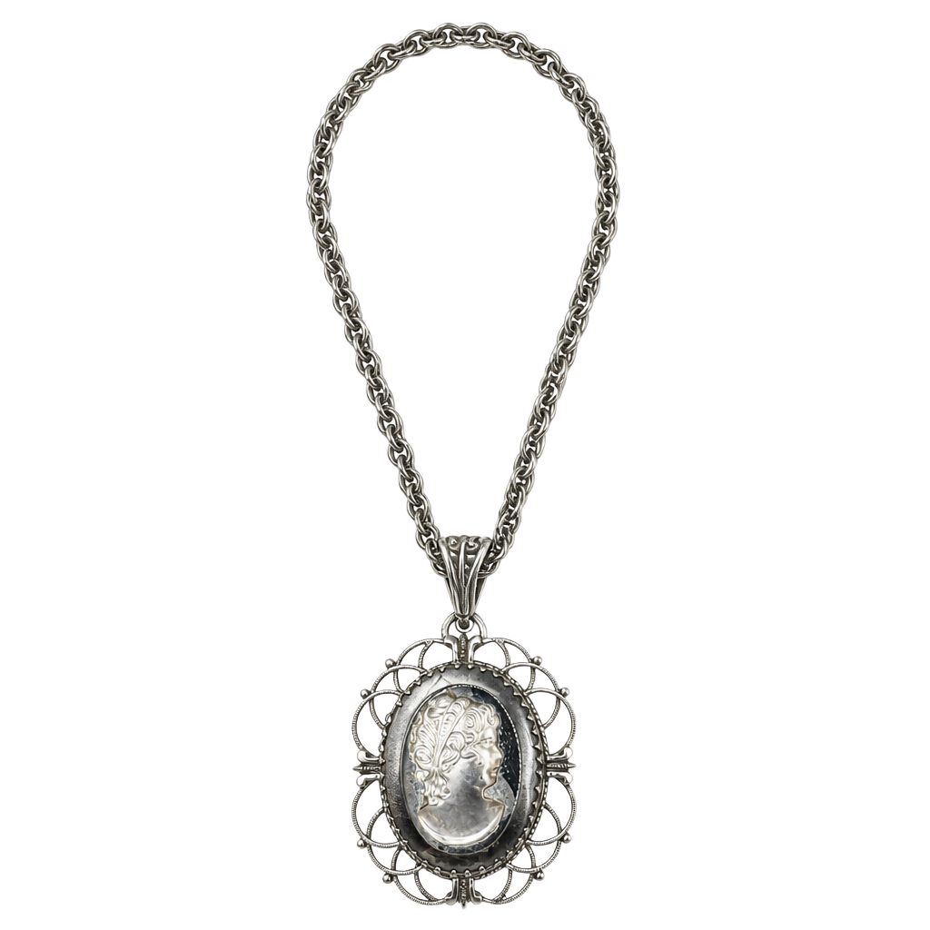 Whiting & Davis Vintage Silver Tone Mirrored Cameo Pendant Necklace 1