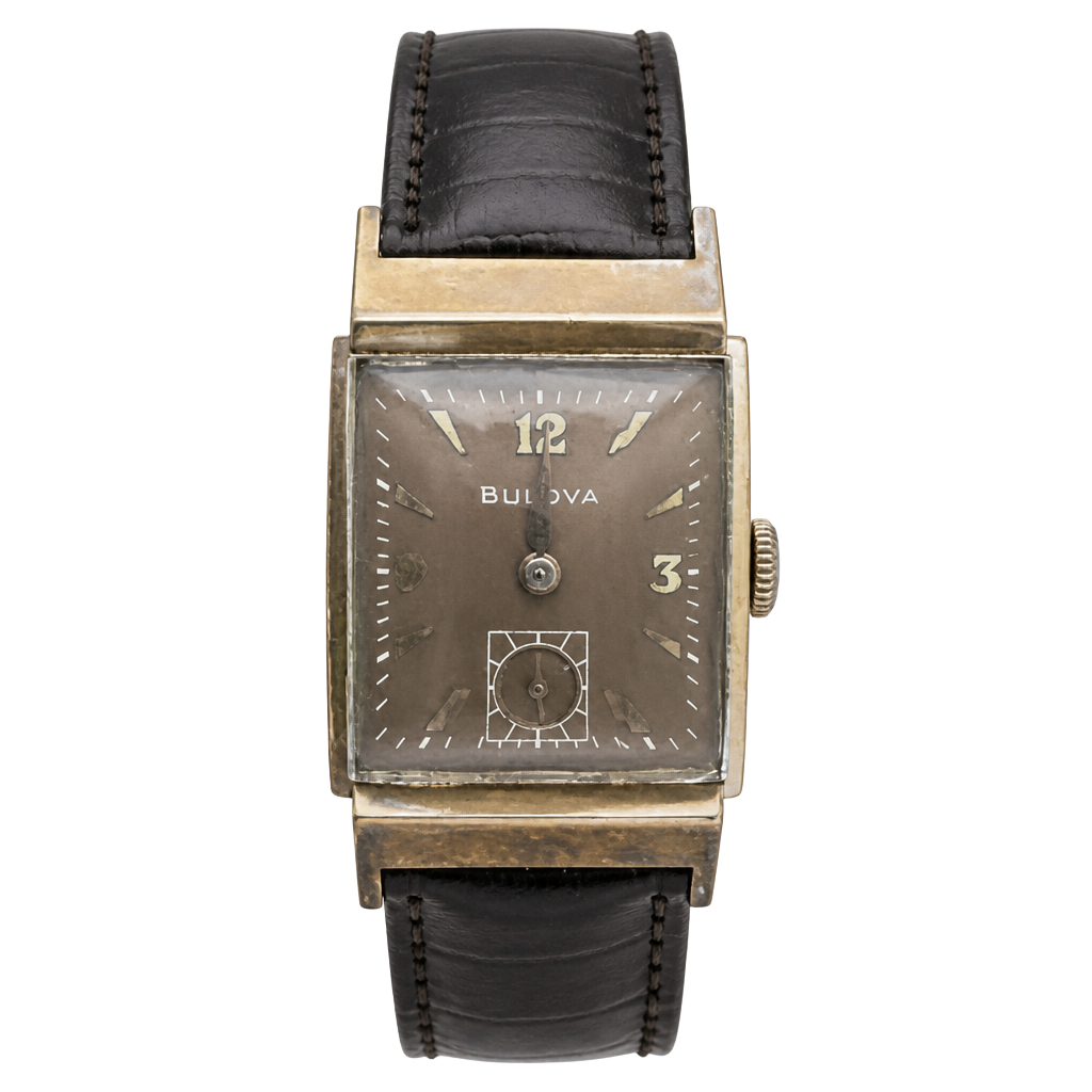 Vintage Bulova 10K Gold Filled Watch with Black Leather Strap Needs Battery 1