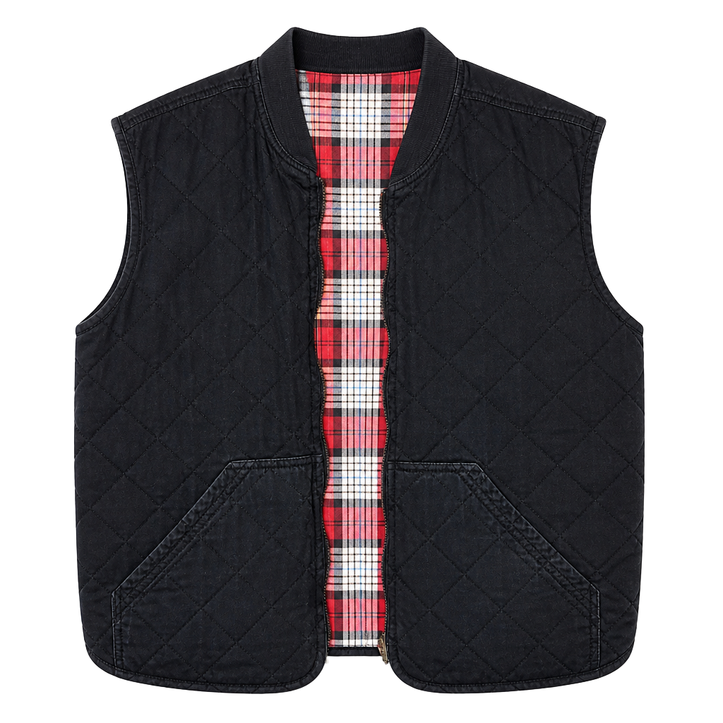 Vintage Marlboro Country Store Reversible Quilted Vest Black Red Plaid Large 1
