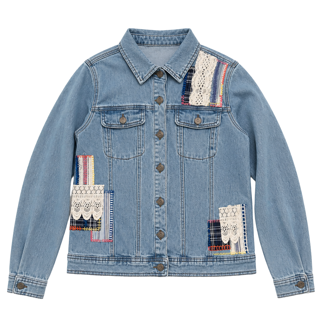 Cactus + Pearl Denim Jacket Size S Blue Lace Patchwork 1