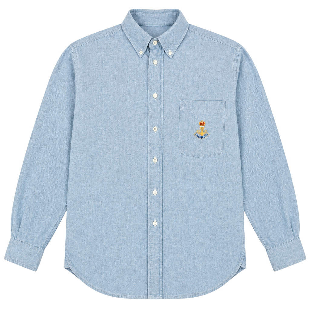 Vintage Ruff Hewn LS Mens MEDIUM Denim Shirt Light Blue Crest- Made In USA 1