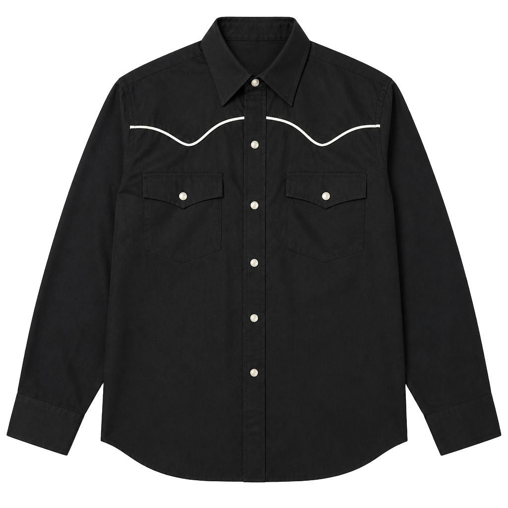 Cumberland Outfitters by Ely Black Western Pearl Snap Shirt with White Piping 1