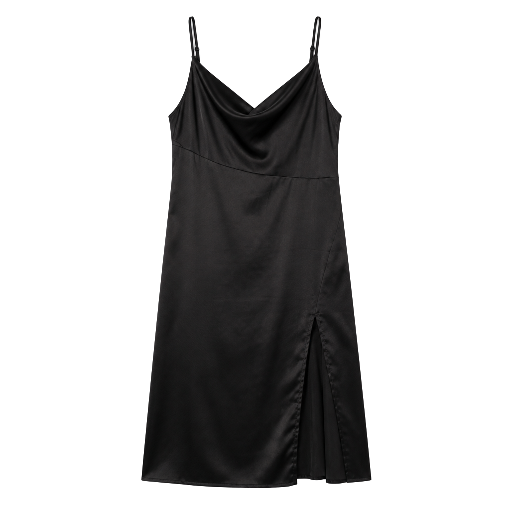 Women's Black Satin Cowl Neck Midi Slip Dress with Side Split 1