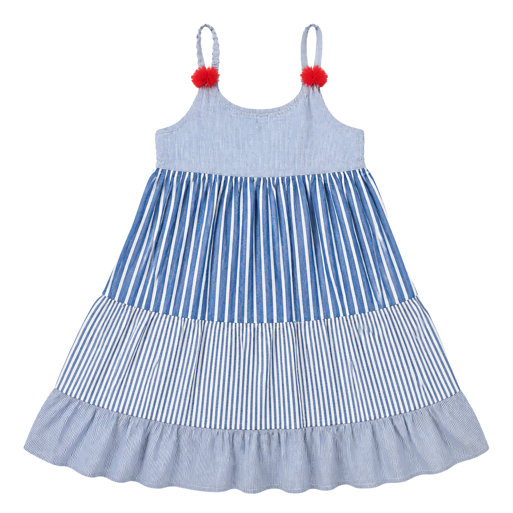 Boden Striped Tiered Dress Size 6-7Y Blue White Tassels 1