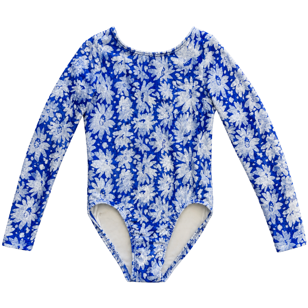 GK Elite Long Sleeve Gymnastics Leotard Large Blue White Floral 1