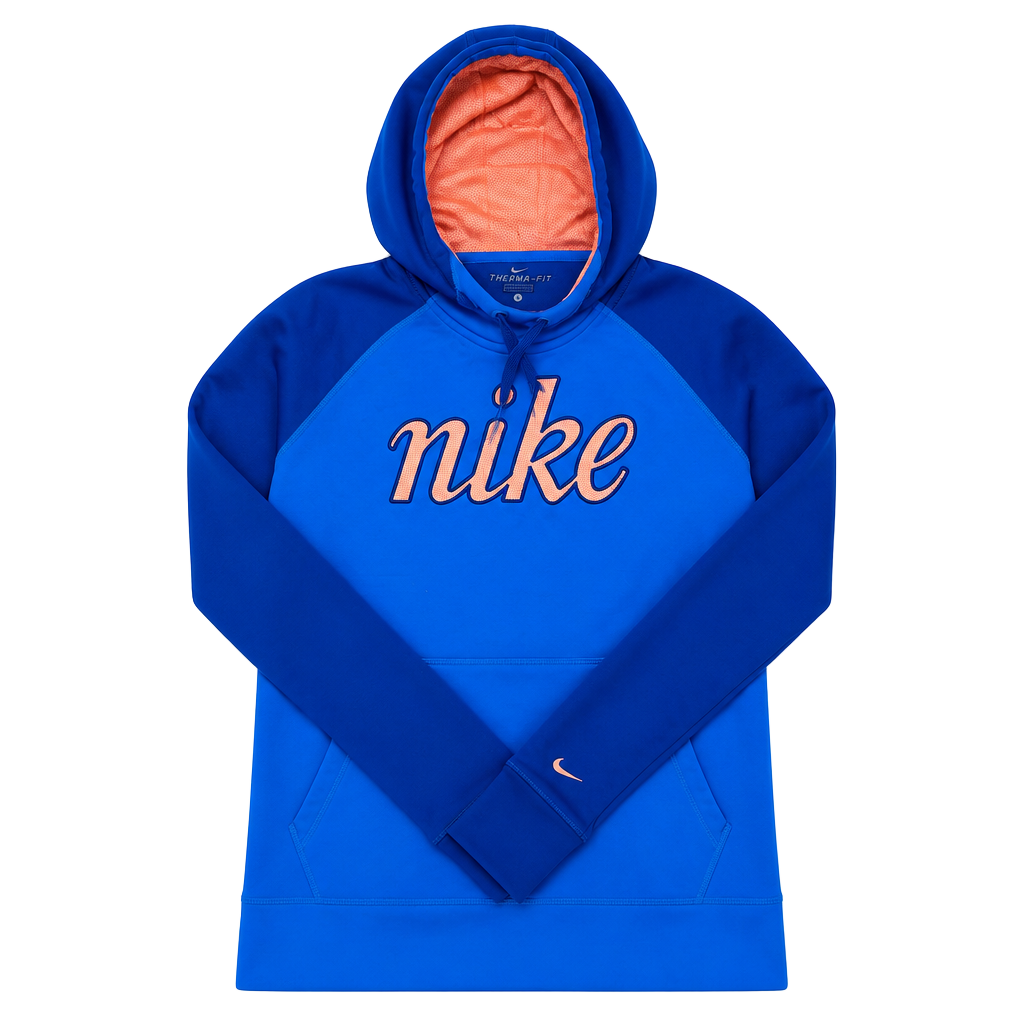 Nike Therma-Fit Hoodie Size M Blue Orange Script Logo Thumbholes 1