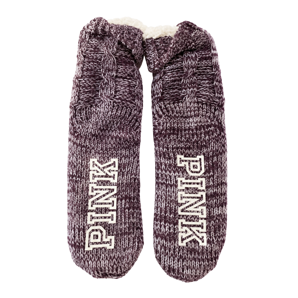 Victoria's Secret PINK Luscious Plum Marled Knit Sherpa Lined Bootie Slippers 1