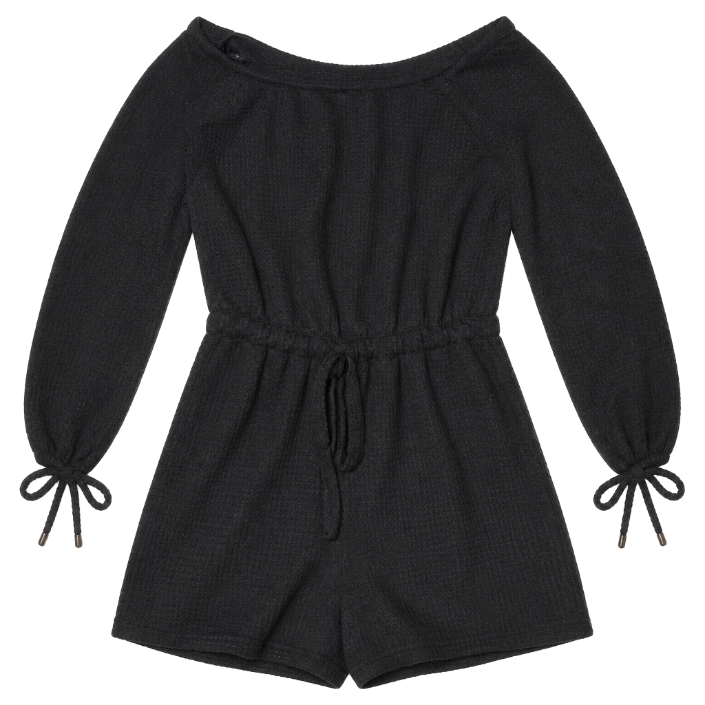 Bluivy Young Contemporary Black Waffle Knit Off Shoulder Romper 1