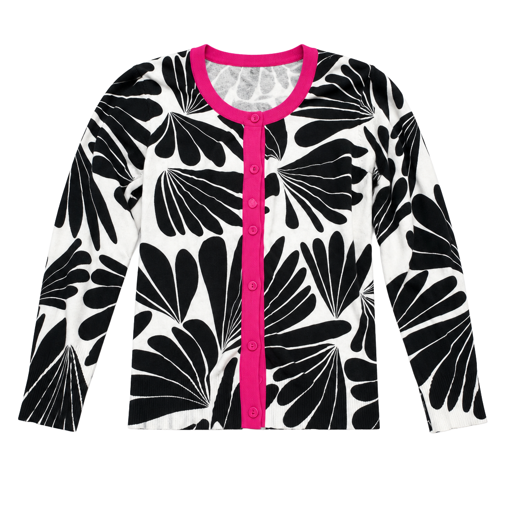 Top Knits Cardigan Size M Black White Floral Print Pink Trim 1