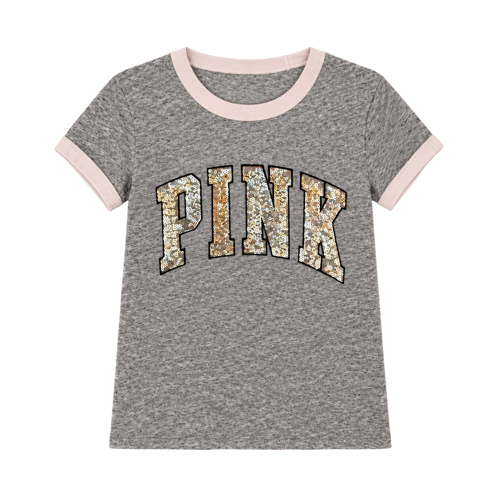 PINK Victoria's Secret Sequin Ringer T-Shirt Size XS Grey White 1