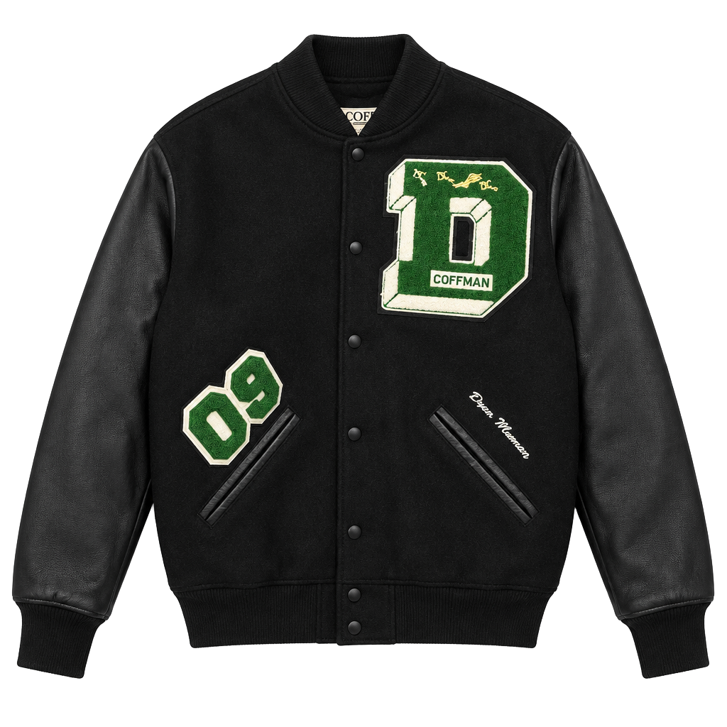 DeLong Dublin Coffman Varsity Jacket Size L Black Wool Leather 1