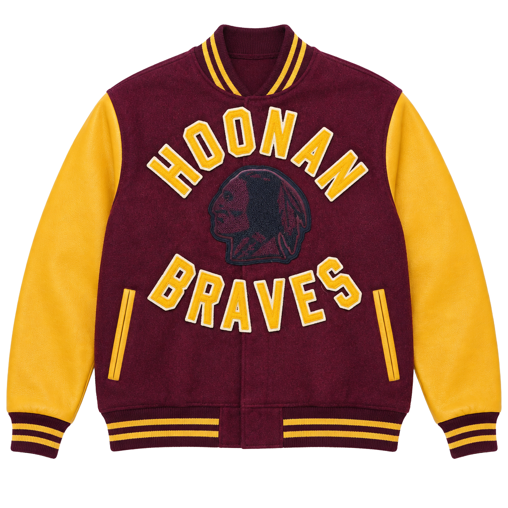 Vintage Hoonah Braves Varsity Jacket Maroon Leather Wool 1991 Ben 1
