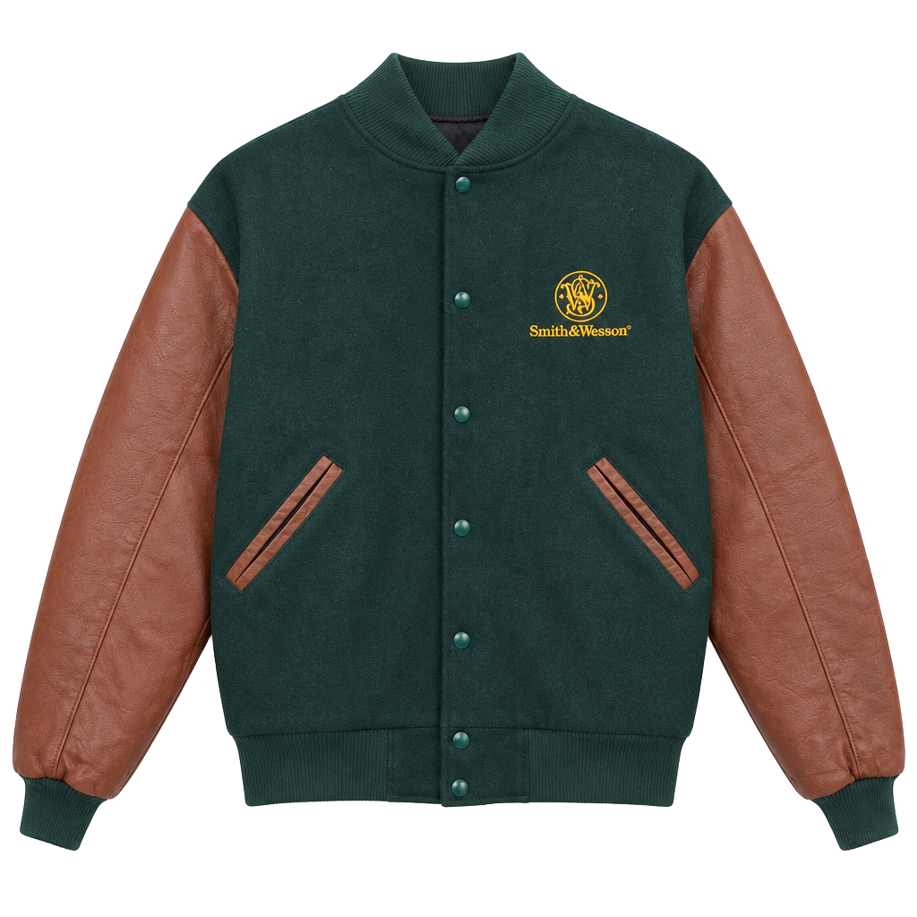 Team Uniforms Smith & Wesson Wool Leather Varsity Jacket Green Brown 1
