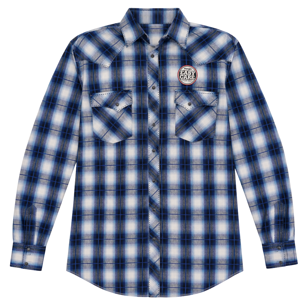 Wrangler Western Shirt LT Blue Plaid Long Sleeve Pearl Snap 1