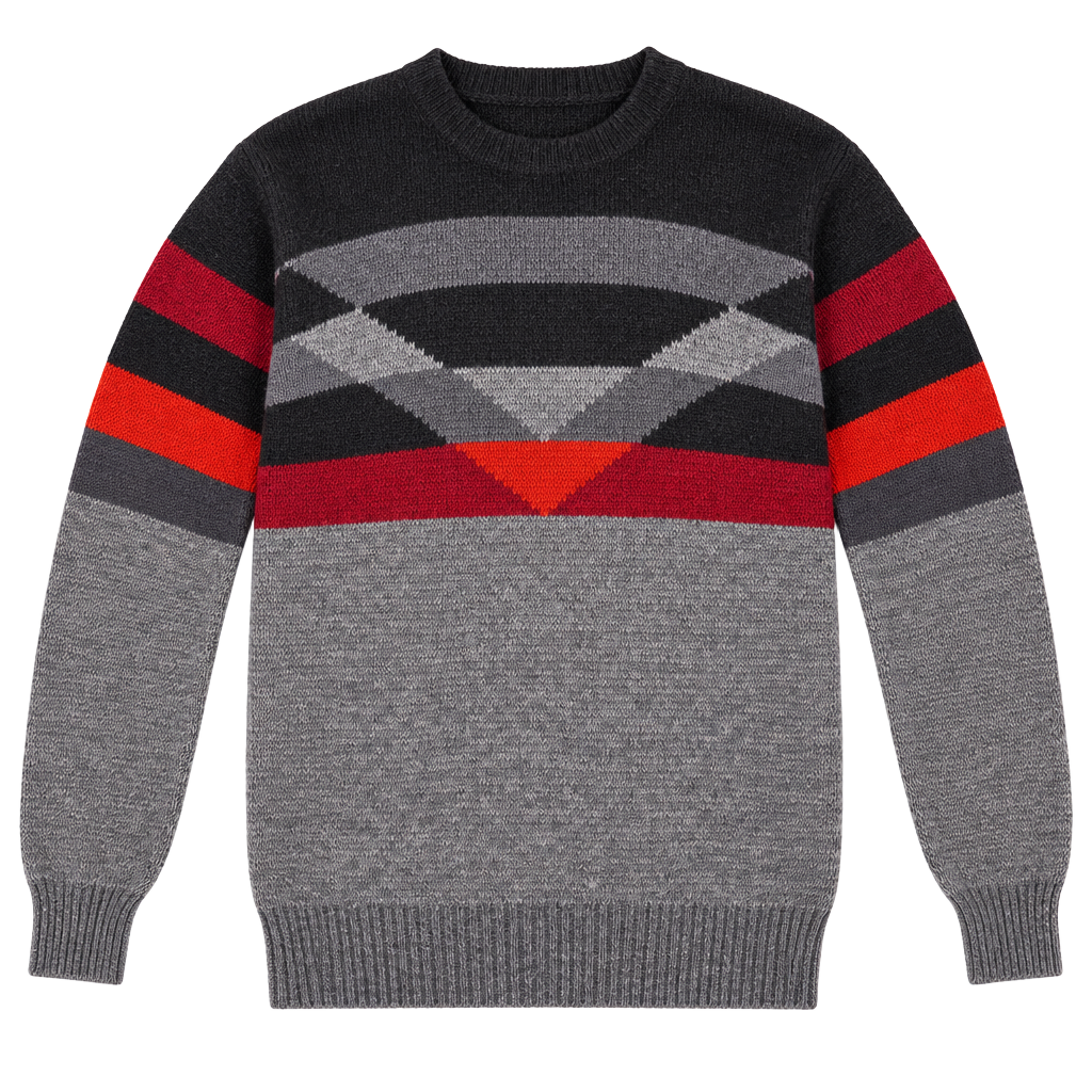 Vintage Geometric Knit Sweater Size M Gray Black Red Wool Blend Crewneck 1