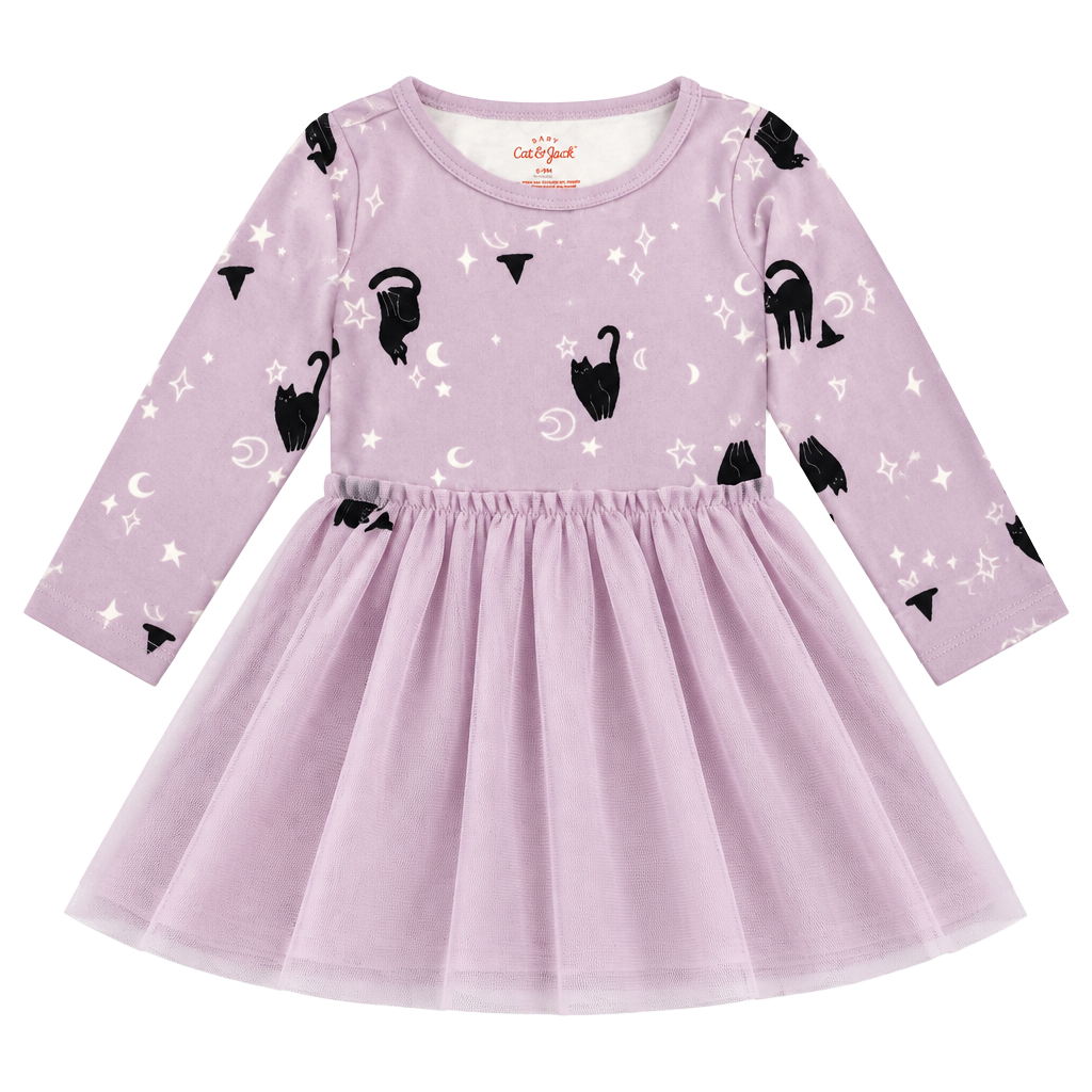 Cat & Jack Halloween Purple Black Cat Print Long Sleeve Dress Size 6M 1