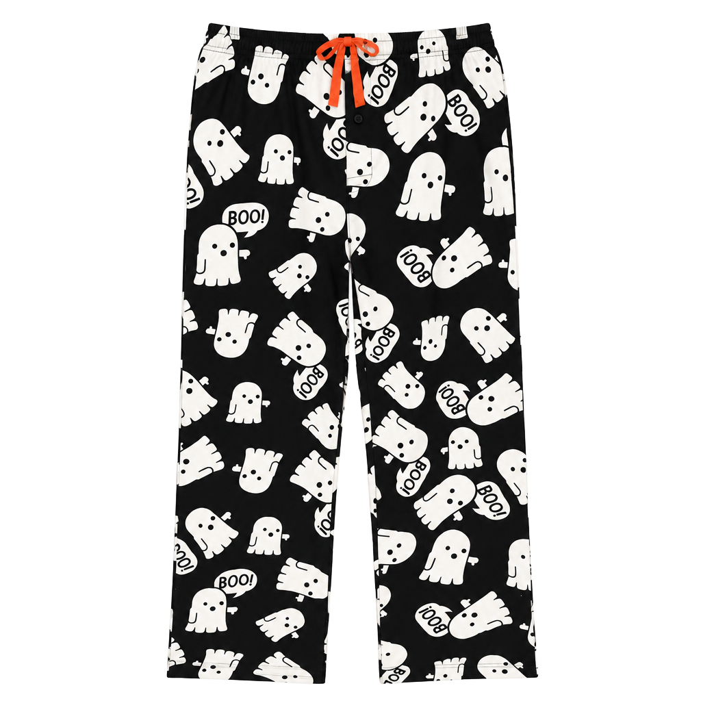 Unisex Halloween Bor Ghost Print Pajama Cotton Pants Size L Black White 1