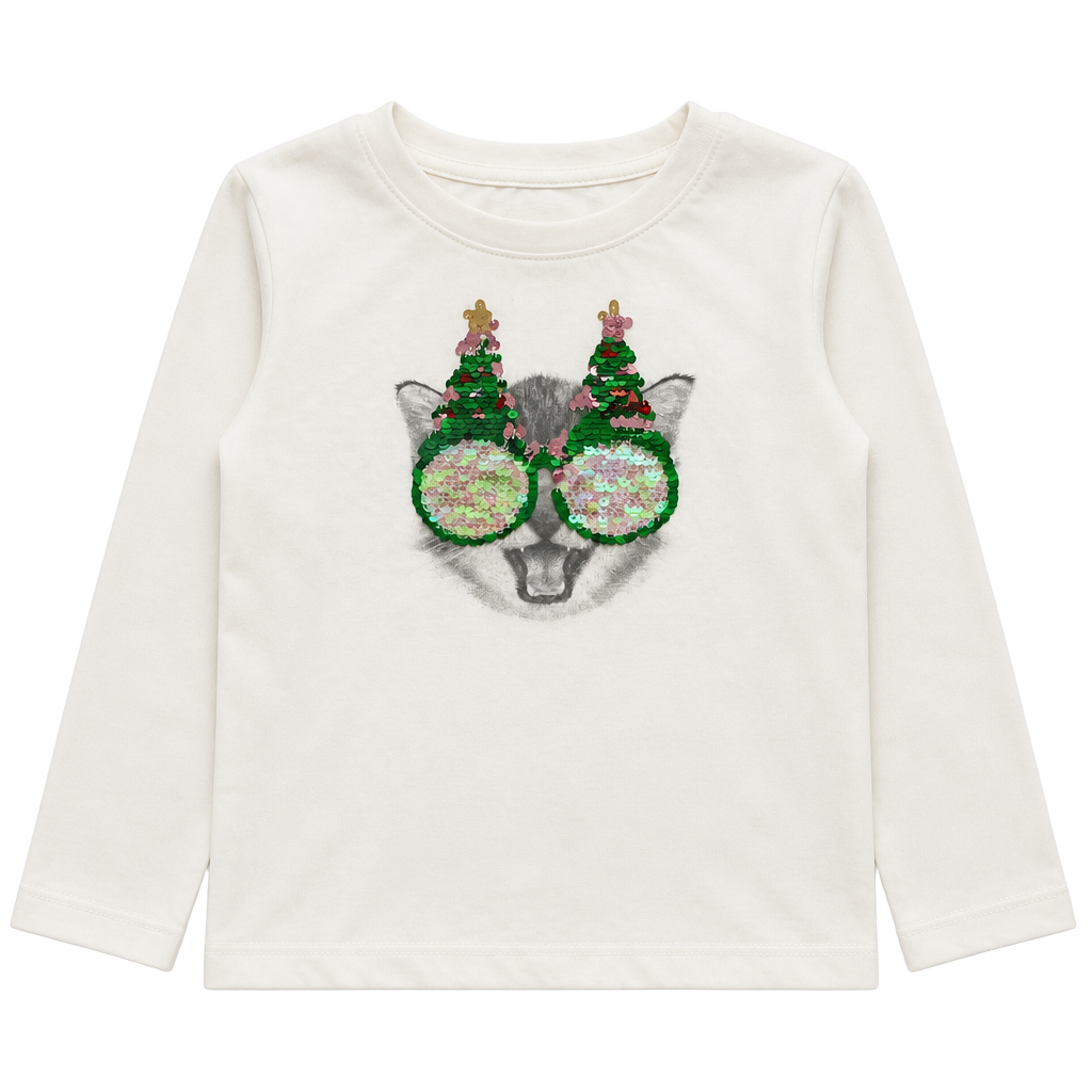 Girls' Long Sleeve 'Christmas Cat' Flip Sequin T-Shirt - Cat & Jack™ Cream M : , 1