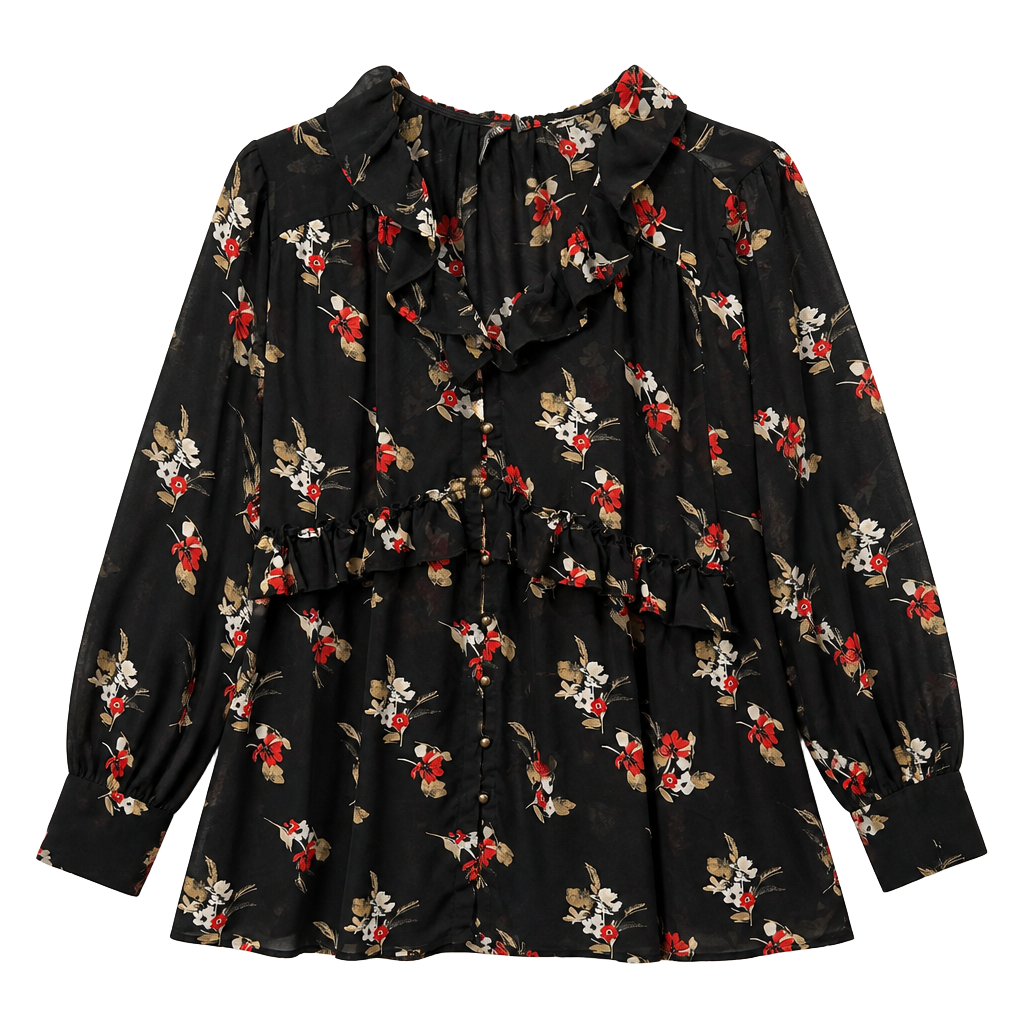Love Tree Floral Ruffle Button-Down Blouse Black Size XL 1