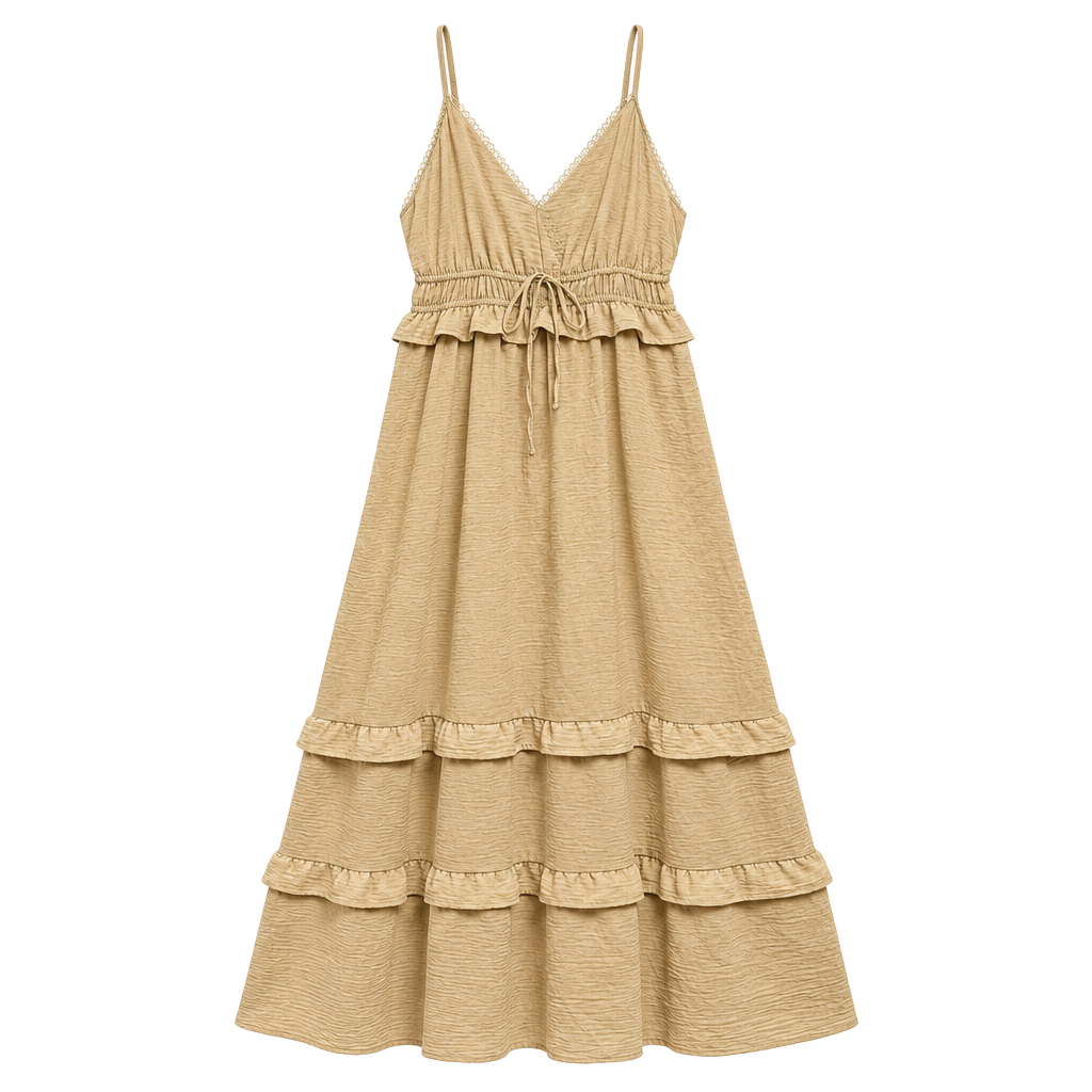 WallFlower Maxi Dress Tan Tiered Ruffle Sleeveless 1