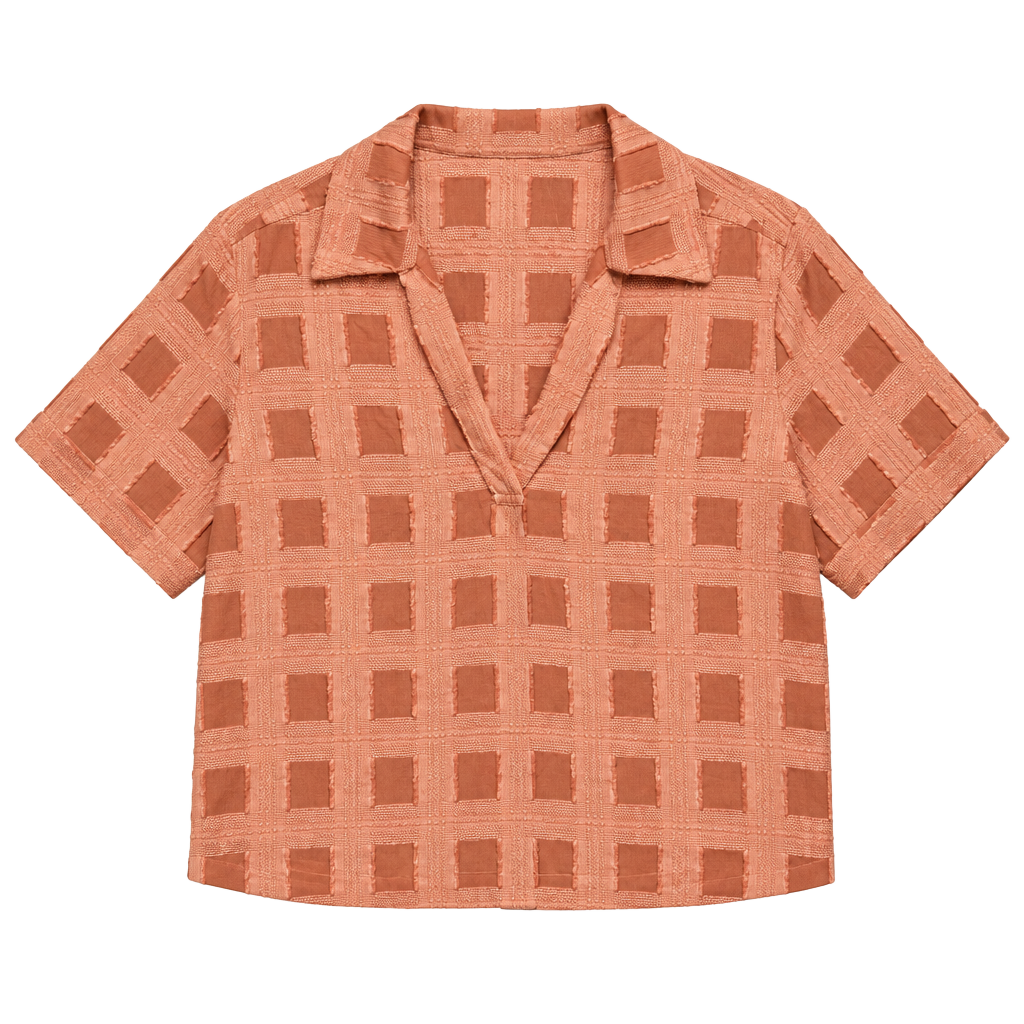 Rachel Comey Short Sleeve Shirt Size 4 Peach Textured Check Blouse 1