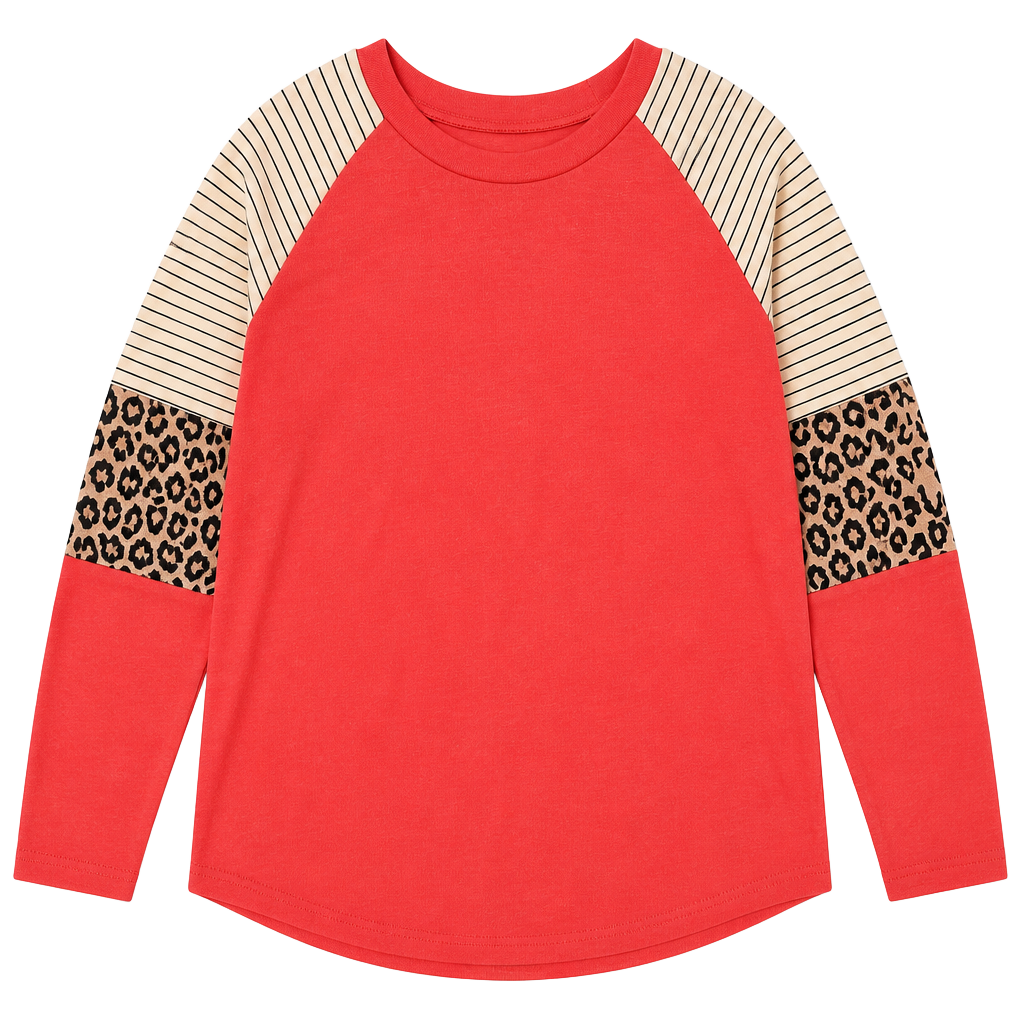 Umgee Colorblock Stripe Long Sleeve Top Coral Leopard Size S 1