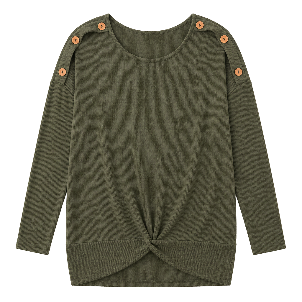 STITCHWÜRKS Green Waffle Knit Top Shoulder Buttons Front Twist Hem 1