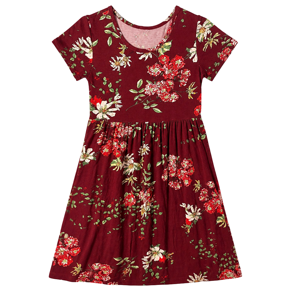 VIISHOW Floral Dress Size M Wine Red Short Sleeve Casual Empire Waist 1
