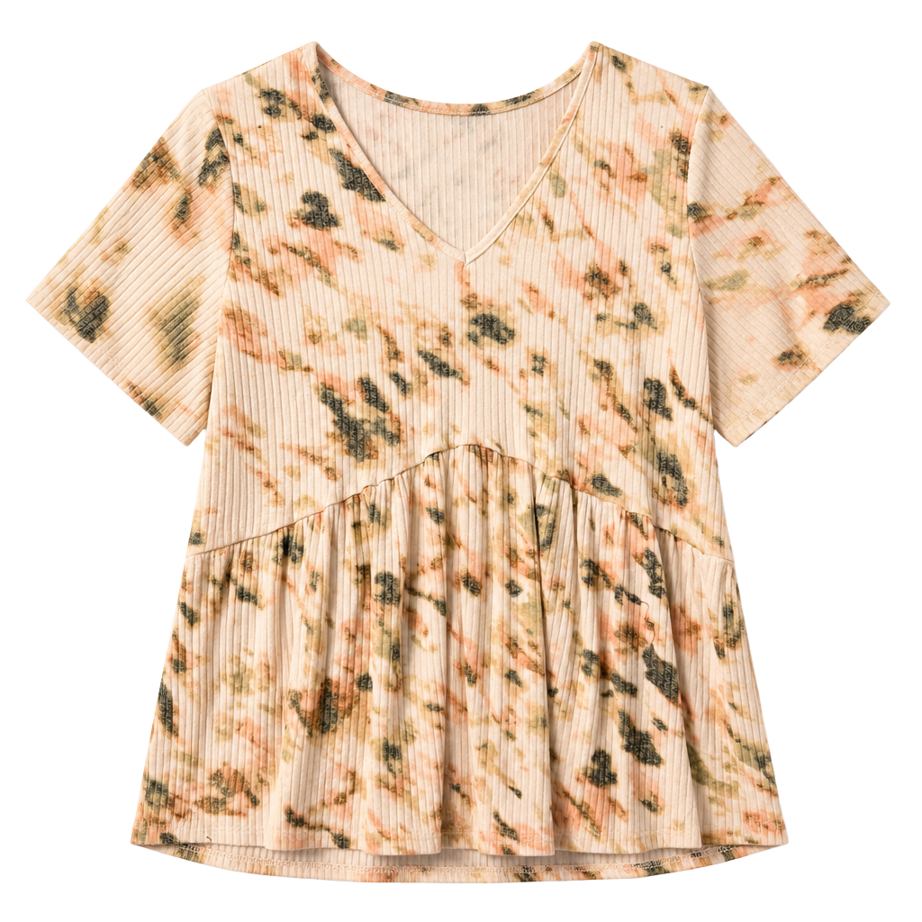 CURE V-Neck Babydoll Top Size L Apricot Tie Dye Ribbed Short Sleeve 1