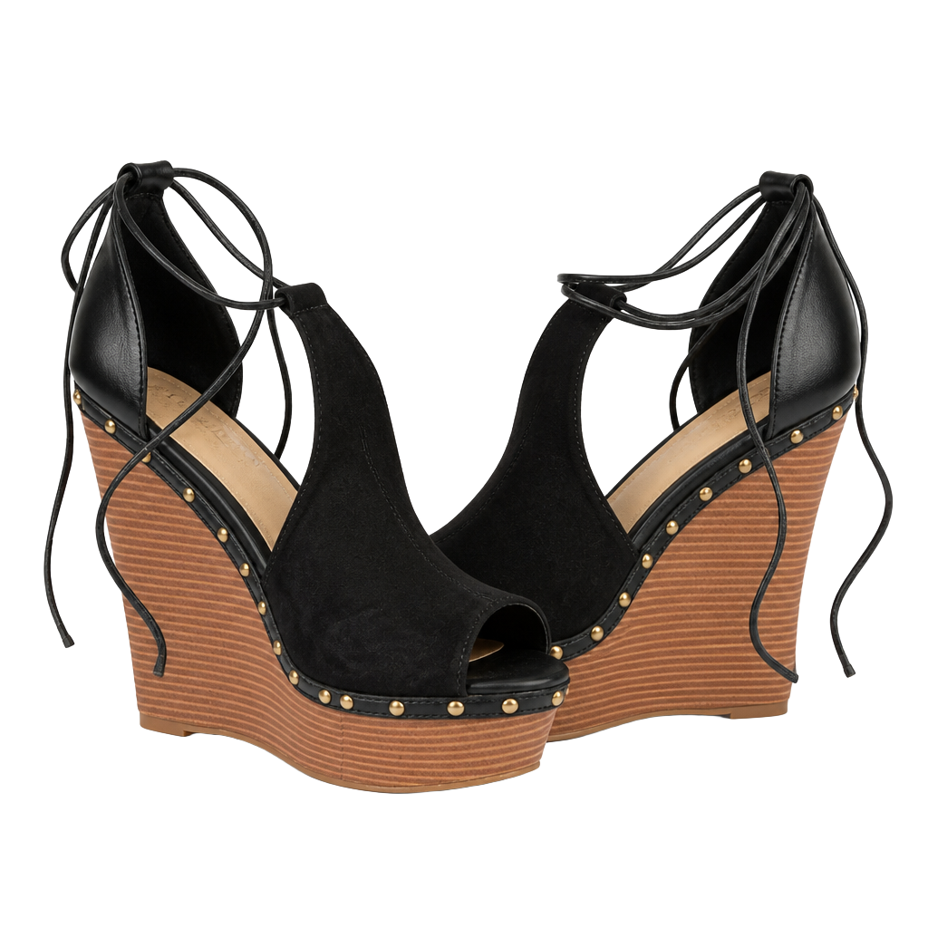 ShoeDazzle Black Lace-Up Studded Wedge Heels 1