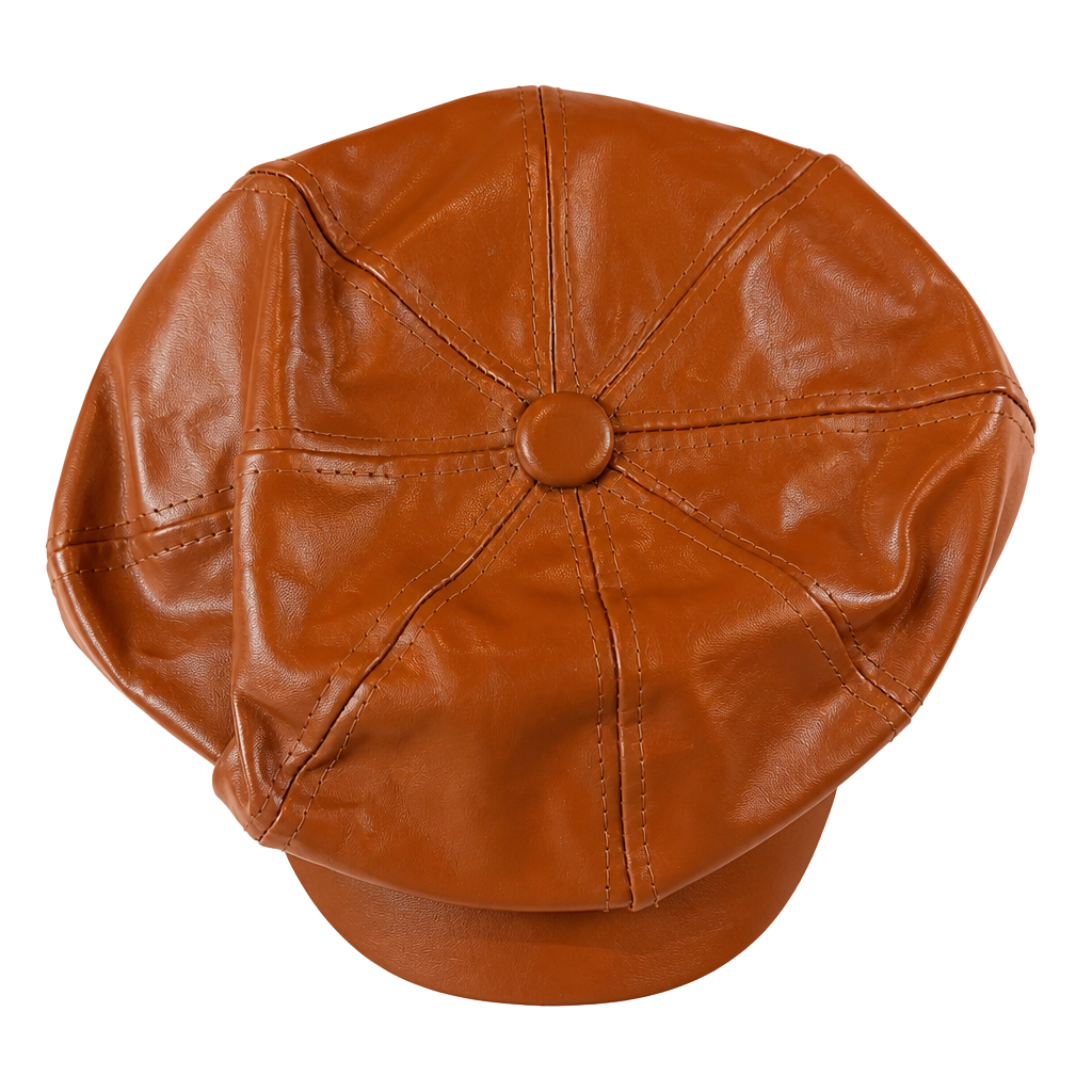 Faux Leather Newsboy Cap Brown Octagonal Cabbie Hat 1