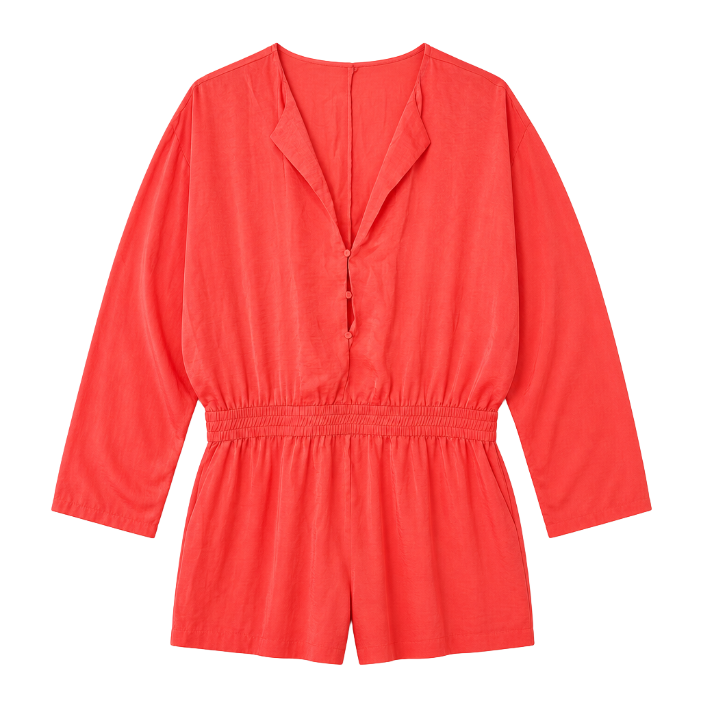 BCBGMaxAzria Orange Red Satin Long Sleeve Pocket Romper XS 1