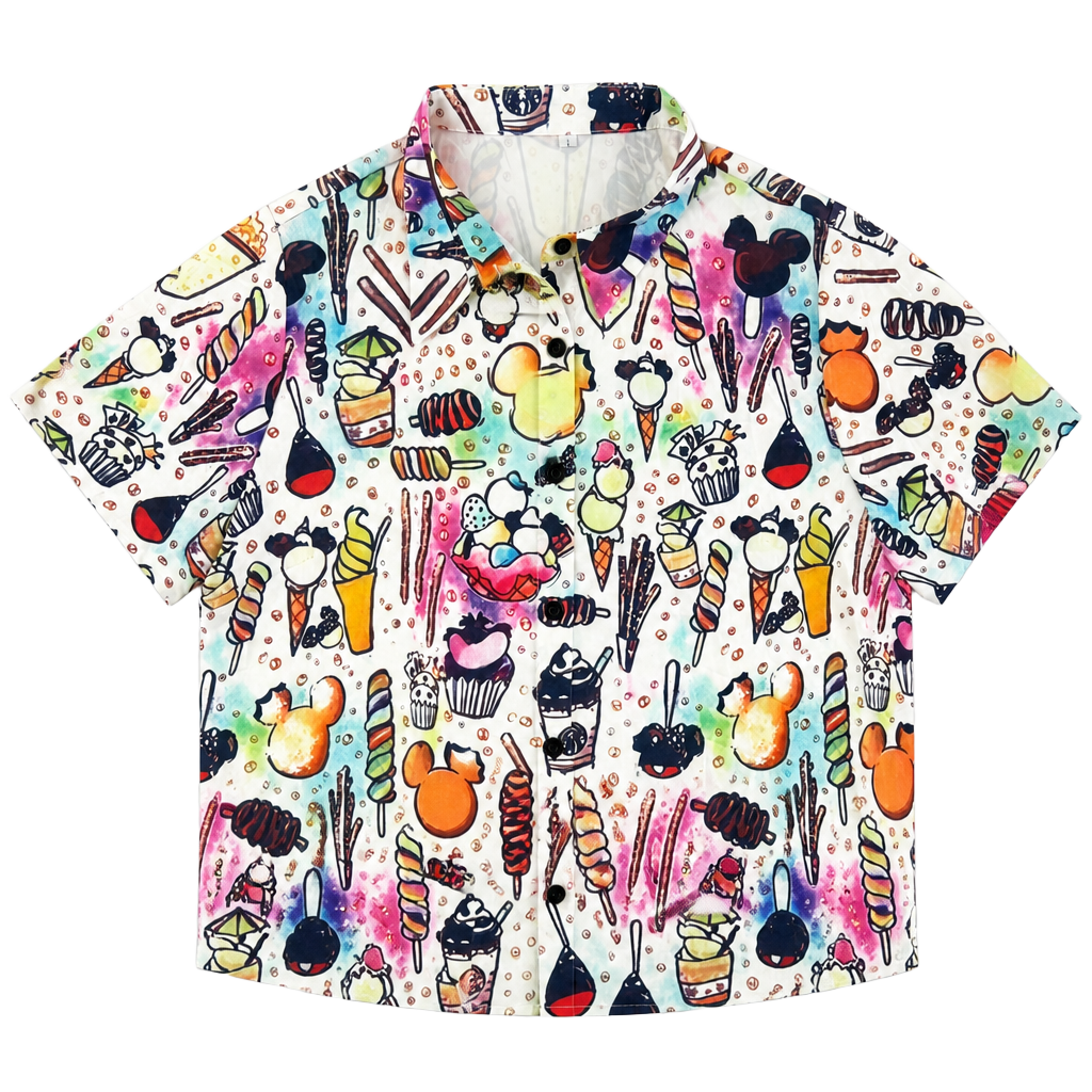 Disney Parks Short Sleeve Button Down Shirt Size L Mouse Treats Food Snacks 1