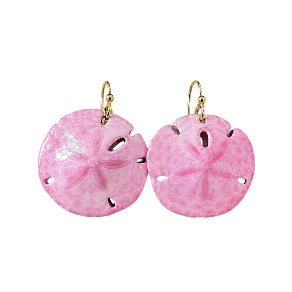 Pink Natural Sand Dollar Dangle Earrings 1