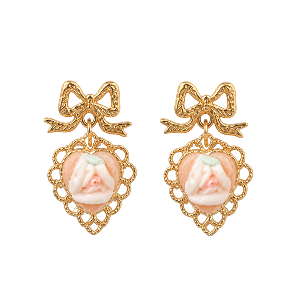 Vintage Gold-Tone Bow and Heart Drop Earrings with Floral Cameo Detail 1