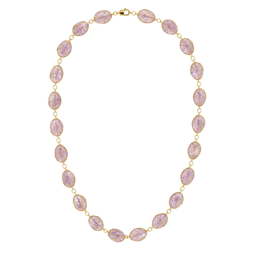 Vintage Amethyst Tumbled Stone Wire Cage Gold-Tone Long Necklace 1
