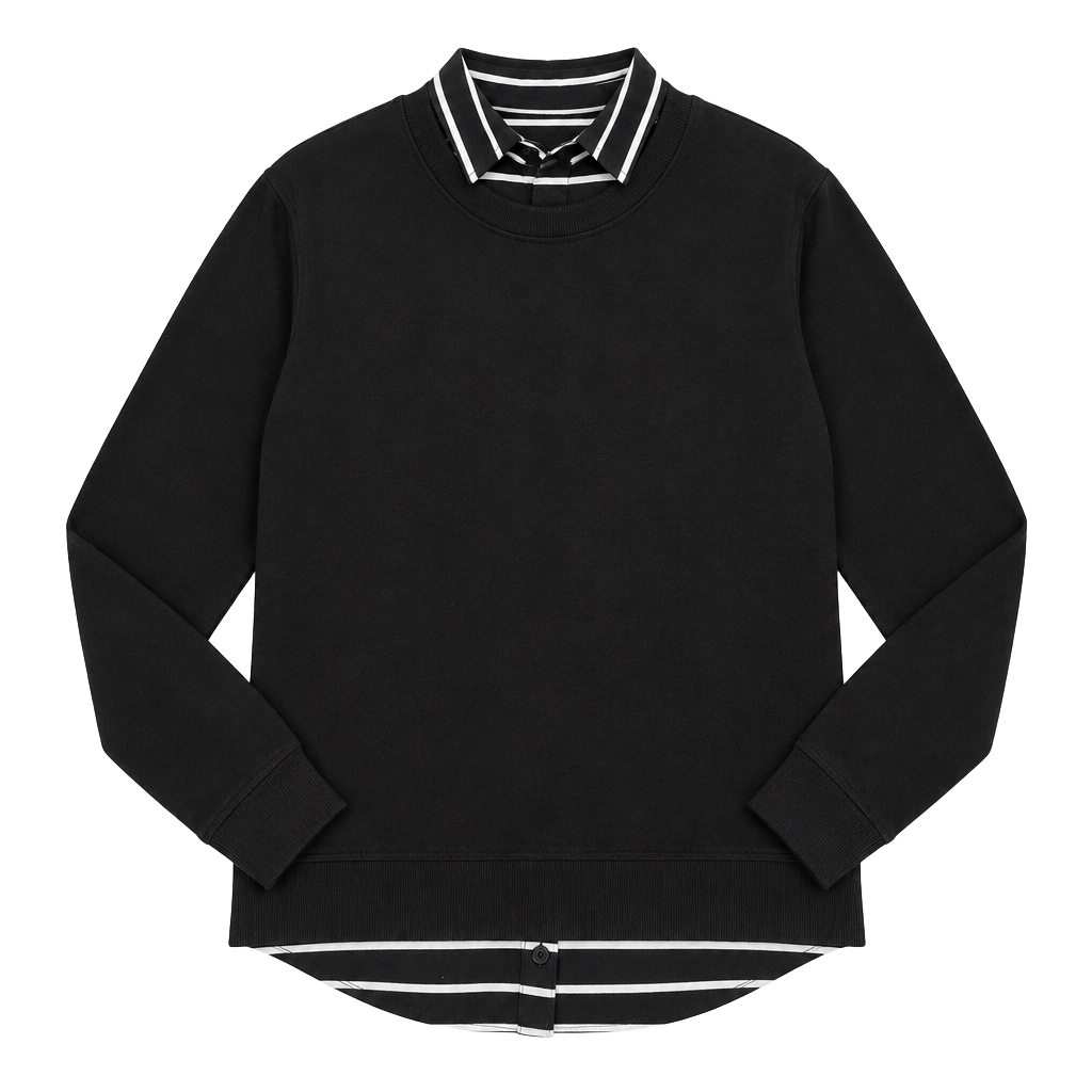 Denim & Co. Black 2-in-1 Layered Striped Collar Top Size M 1