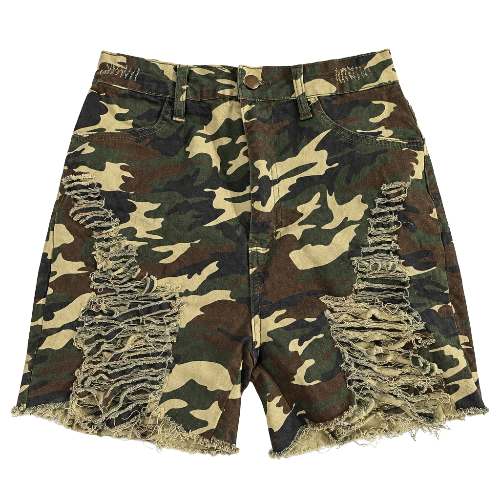 Fashion Nova Camo Distressed Ripped Denim Shorts Size 11 1