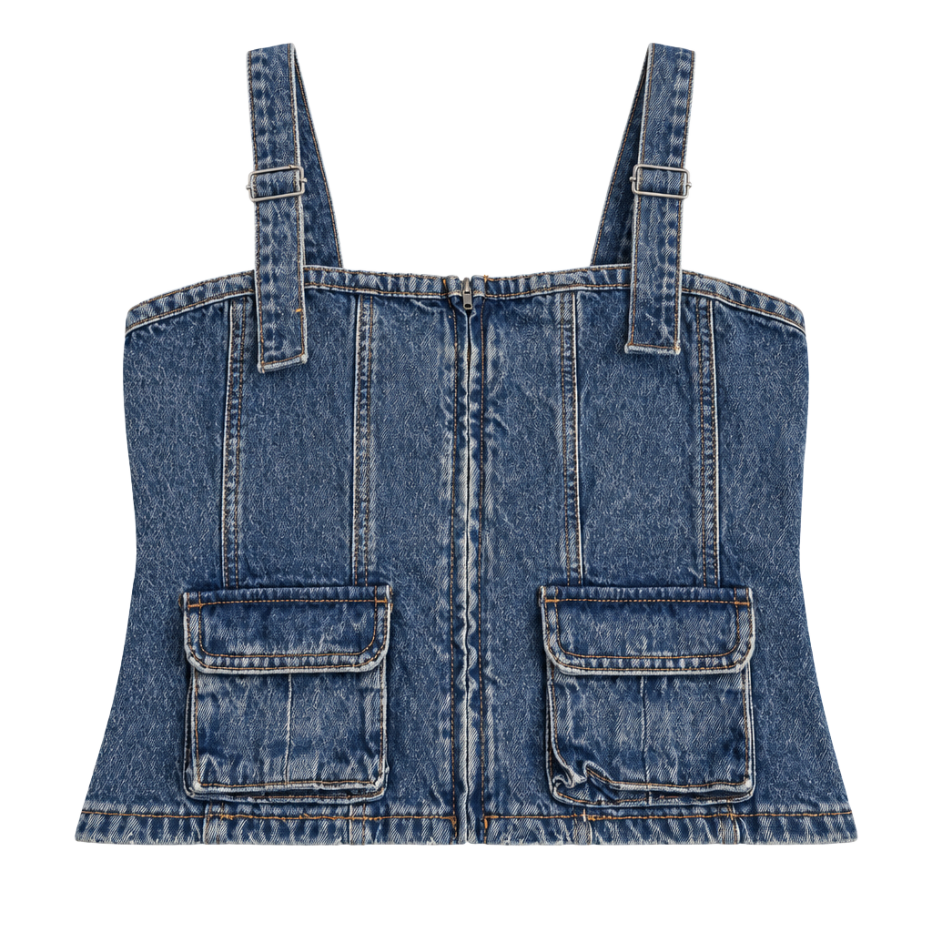 ZARA Denim Cargo Top Corset Buckle Straps Blue Size XL 1